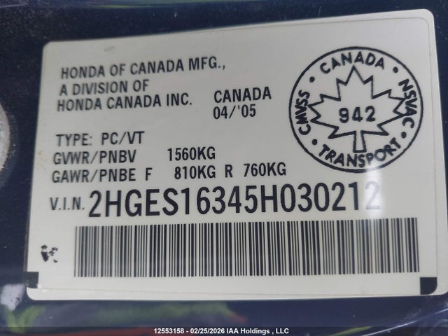 12553158 :رقم المزاد ، 2HGES16345H030212 vin ، 2005 Honda Civic Dx Vp مزاد بيع
