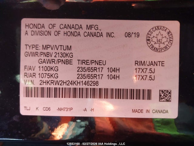 2HKRW2H24KH146298 Honda CR-V LX