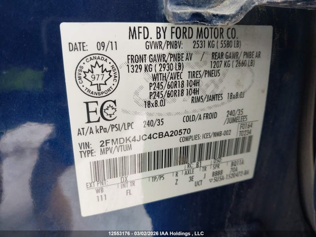 Продажа на аукционе авто 2012 Ford Edge, vin: 2FMDK4JC4CBA20570, номер лота: 12553176