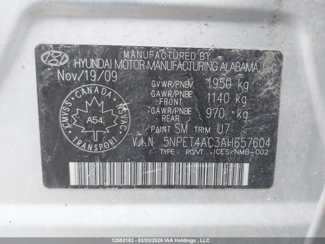 Aukcja sprzedaży 2010 Hyundai Sonata, vin: 5NPET4AC3AH657604, numer aukcji: 12553183