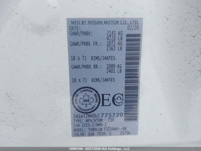 5N1AT2MV0LC775720 Nissan Rogue S/sl/sv