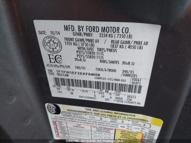 2014 Ford F-150 მანქანა იყიდება აუქციონზე, vin: 1FTFW1EFXEKF84608, აუქციონის ნომერი: 12553194