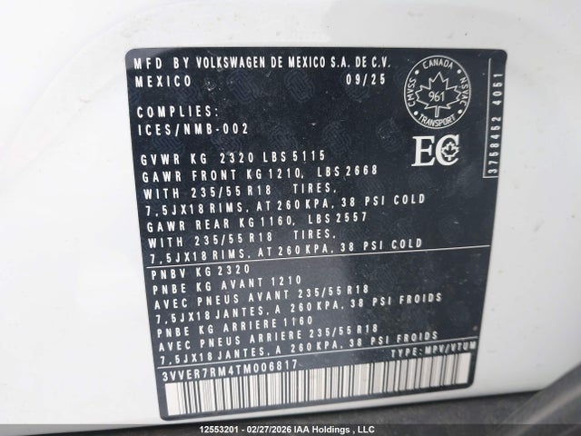 2026 Volkswagen Tiguan Se მანქანა იყიდება აუქციონზე, vin: 3VVER7RM4TM006817, აუქციონის ნომერი: 12553201