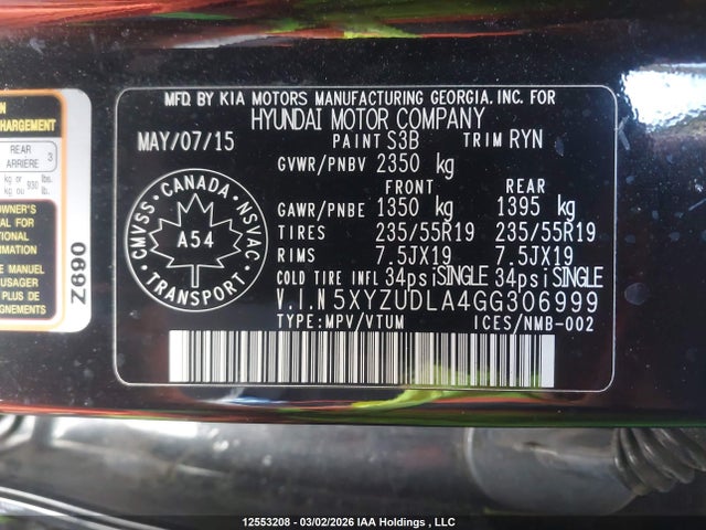 5XYZUDLA4GG306999 Hyundai Santa Fe Sport 2.0t Limited