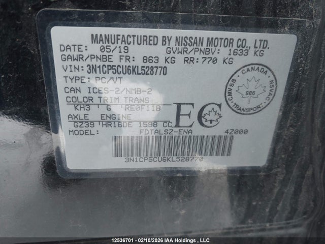 3N1CP5CU6KL528770 Nissan Kicks S/sr/sv