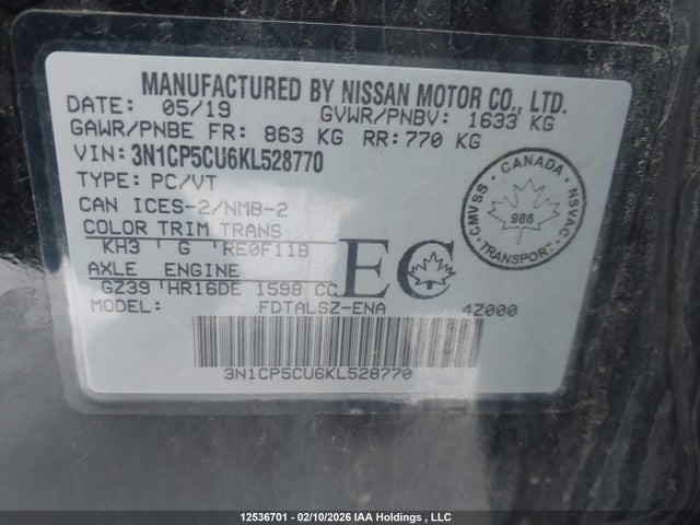 3N1CP5CU6KL528770 Nissan Kicks S/sr/sv