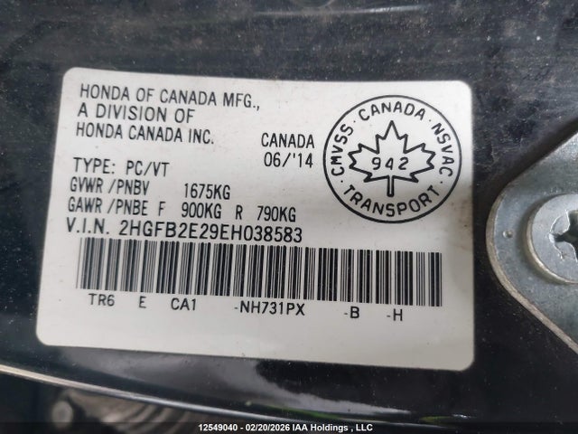 Honda Civic Dx 2014 2HGFB2E29EH038583 Image 9