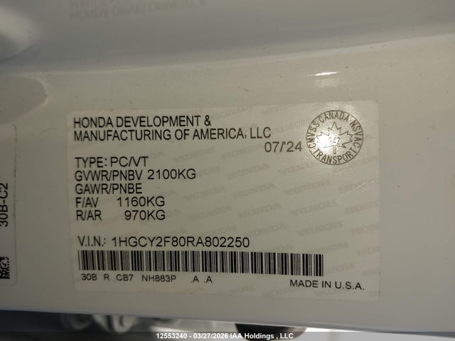 1HGCY2F80RA802250 Honda Accord Hybrid Touring