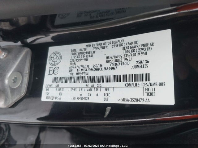 12553258 :رقم المزاد ، 1FMCU9HD6KUB89967 vin ، 2019 Ford Escape Sel مزاد بيع