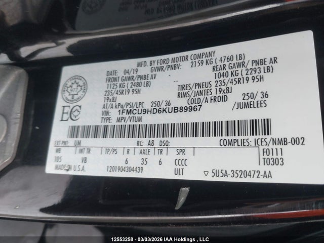12553258 :رقم المزاد ، 1FMCU9HD6KUB89967 vin ، 2019 Ford Escape Sel مزاد بيع
