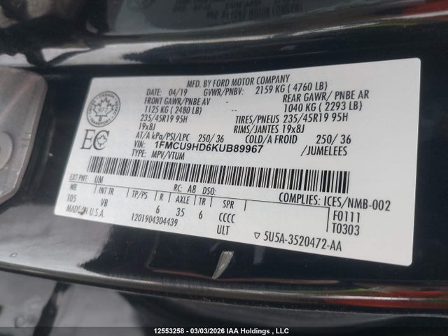 12553258 :رقم المزاد ، 1FMCU9HD6KUB89967 vin ، 2019 Ford Escape Sel مزاد بيع