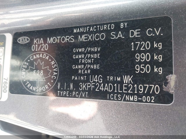 Aukcja sprzedaży 2020 Kia Forte Lx, vin: 3KPF24AD1LE219770, numer aukcji: 12553259