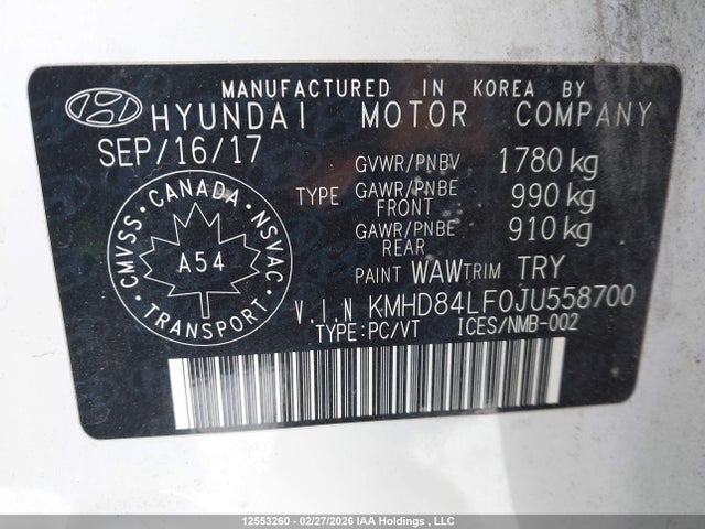 KMHD84LF0JU558700 Hyundai Elantra
