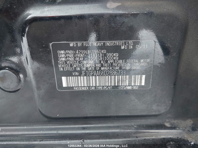 Продаж на аукціоні авто 2013 Subaru Impreza 2.0i, vin: JF1GPAA66D2886733, номер лоту: 12553264