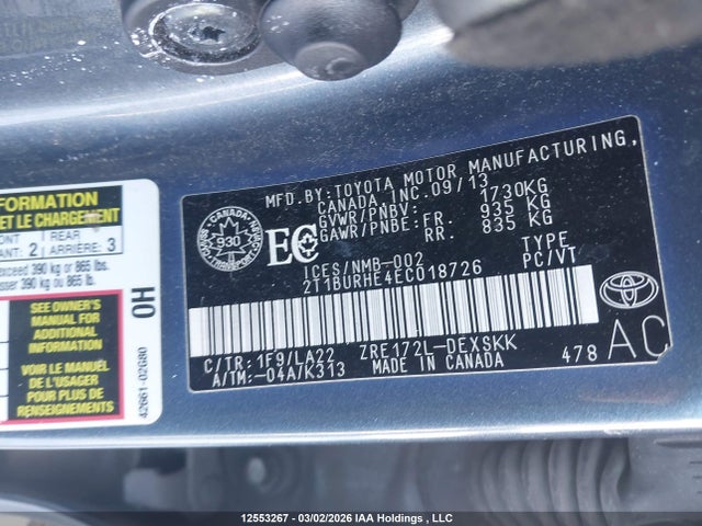 12553267 :رقم المزاد ، 2T1BURHE4EC018726 vin ، 2014 Toyota Corolla S مزاد بيع