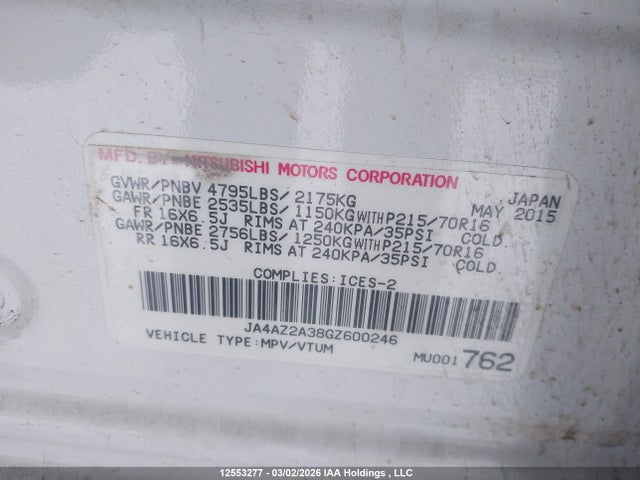 12553277 :رقم المزاد ، JA4AZ2A38GZ600246 vin ، 2016 Mitsubishi Outlander Es مزاد بيع