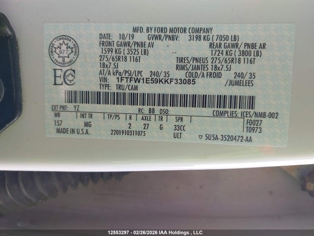 1FTFW1E59KKF33085 Ford F-150 Xlt