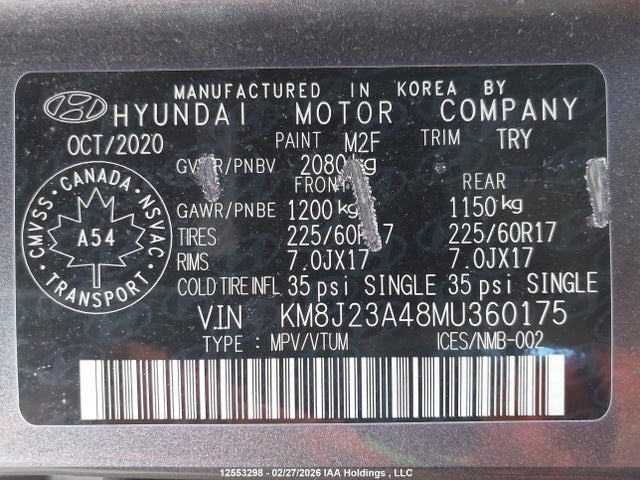 KM8J23A48MU360175 Hyundai Tucson Essential Fwd