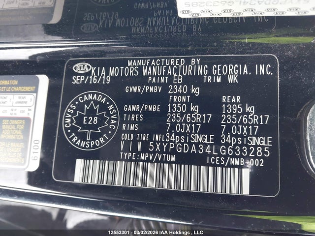 5XYPGDA34LG633285 KIA Sorento L/lx