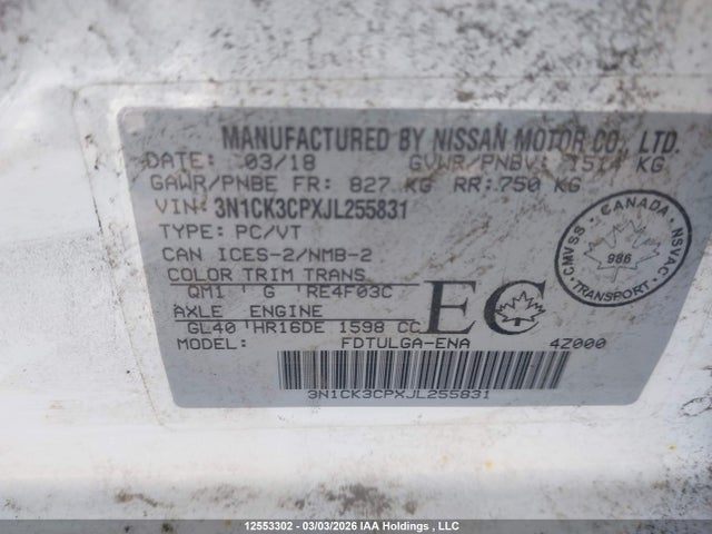 3N1CK3CPXJL255831 Nissan Micra S/sr/sv