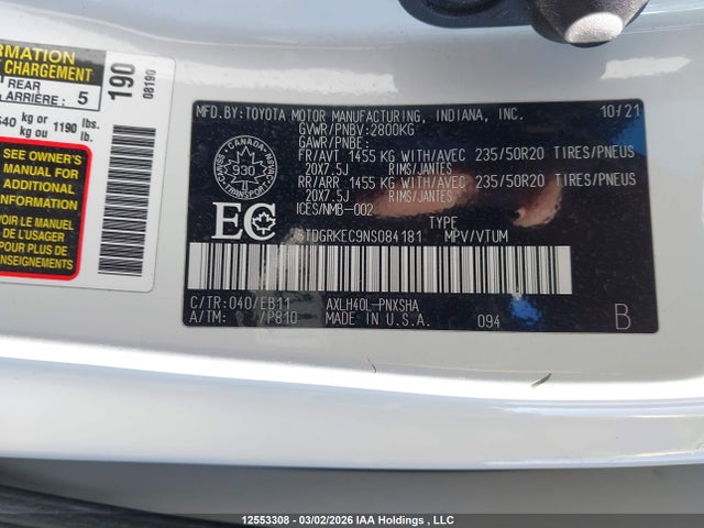 5TDGRKEC9NS084181 Toyota Sienna Le/xle/xse/limited/platinum