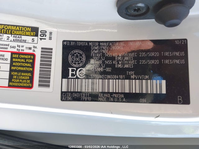 5TDGRKEC9NS084181 Toyota Sienna Le/xle/xse/limited/platinum