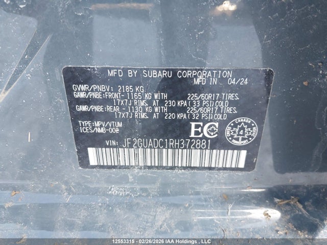 Aukcja sprzedaży 2024 Subaru Crosstrek Touring, vin: JF2GUADC1RH372881, numer aukcji: 12553315