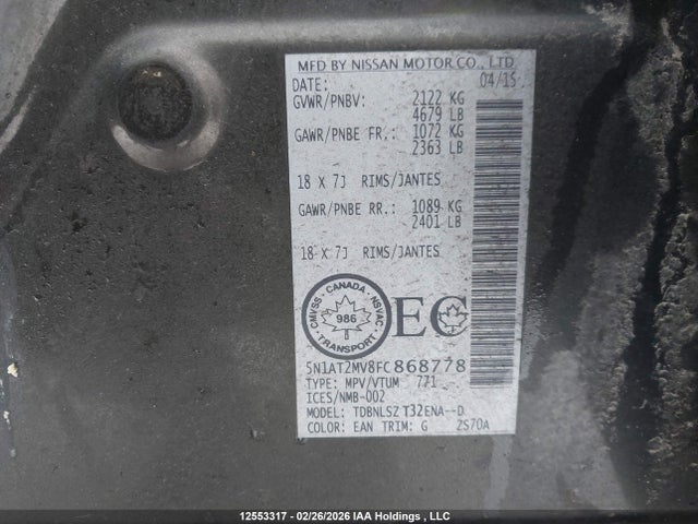 Продаж на аукціоні авто 2015 Nissan Rogue S/sl/sv, vin: 5N1AT2MV8FC868778, номер лоту: 12553317