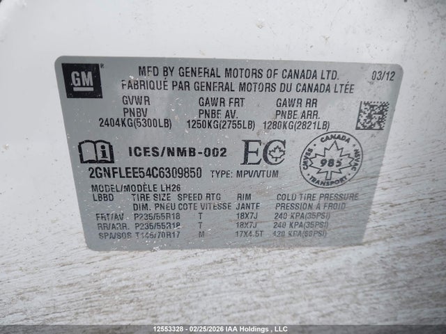 Aukcja sprzedaży 2012 Chevrolet Equinox, vin: 2GNFLEE54C6309850, numer aukcji: 12553328