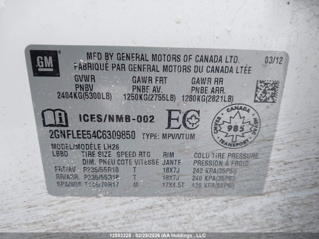 Aukcja sprzedaży 2012 Chevrolet Equinox, vin: 2GNFLEE54C6309850, numer aukcji: 12553328