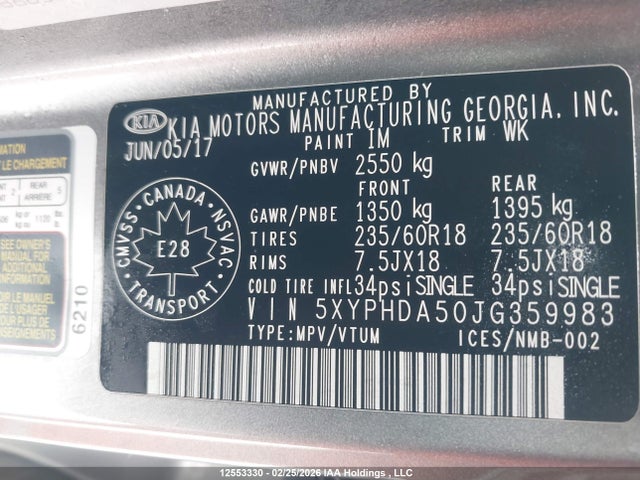 Продажа на аукционе авто 2018 Kia Sorento 3.3l Ex/3.3l Ex+, vin: 5XYPHDA50JG359983, номер лота: 12553330