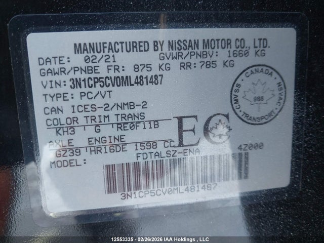 Продажа на аукционе авто 2021 Nissan Kicks Sv, vin: 3N1CP5CV0ML481487, номер лота: 12553335