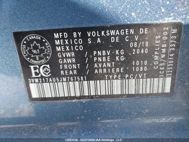 3VW217AU5JM767581 Volkswagen Golf Sportwagen S