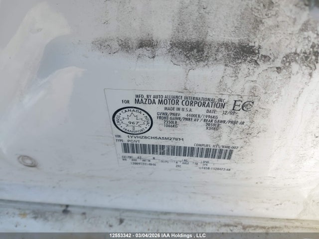 12553342 :رقم المزاد ، 1YVHZ8CH5A5M27911 vin ، 2010 Mazda 6 I مزاد بيع