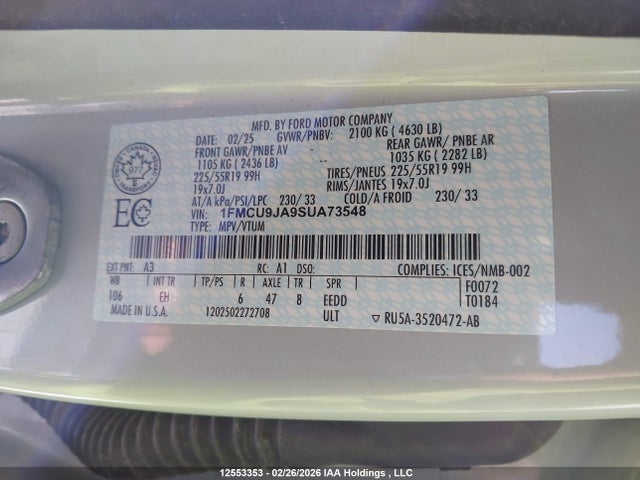 1FMCU9JA9SUA73548 Ford Escape Platinum