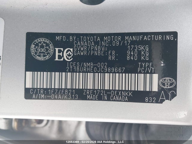 Продаж на аукціоні авто 2018 Toyota Corolla Le, vin: 2T1BURHE0JC989667, номер лоту: 12553369