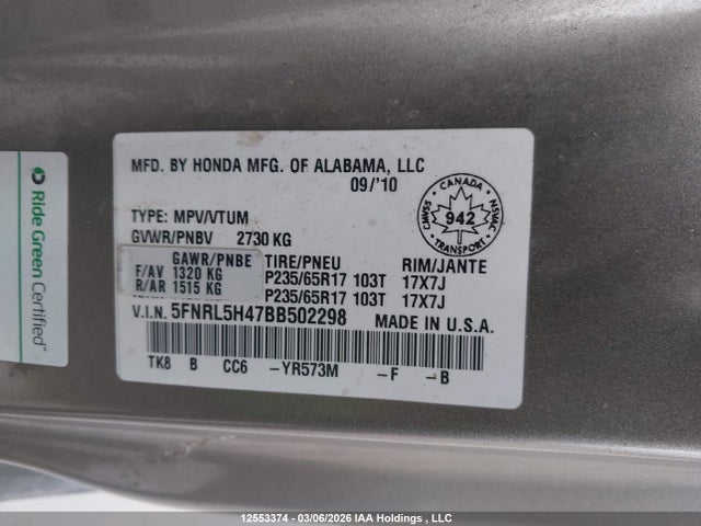 Aukcja sprzedaży 2011 Honda Odyssey, vin: 5FNRL5H47BB502298, numer aukcji: 12553374
