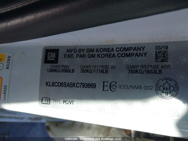 Продажа на аукционе авто 2019 Chevrolet Spark 1lt Cvt, vin: KL8CD6SA5KC793669, номер лота: 12553380
