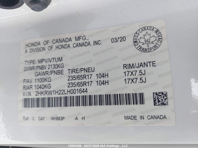 2HKRW1H22LH001644 Honda CR-V LX