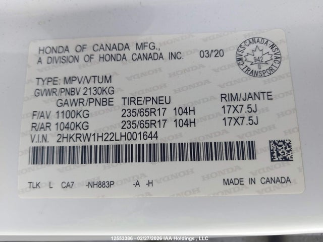 2HKRW1H22LH001644 Honda CR-V LX