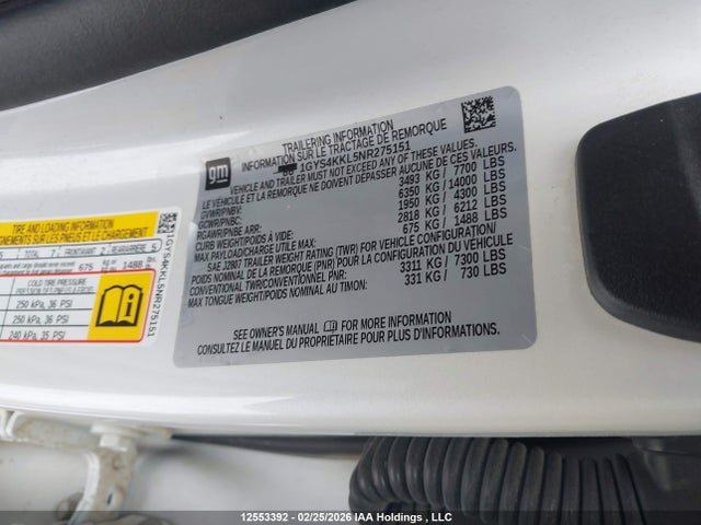 1GYS4KKL5NR275151 Cadillac Escalade Esv Premium Luxury