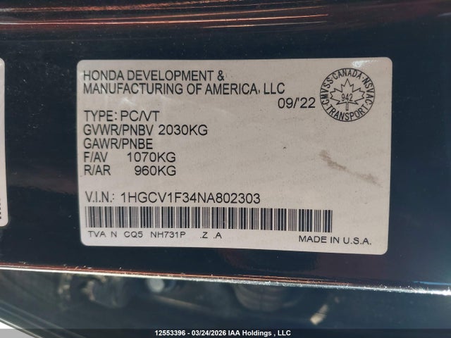 Продажа на аукционе авто 2022 Honda Accord, vin: 1HGCV1F34NA802303, номер лота: 12553396