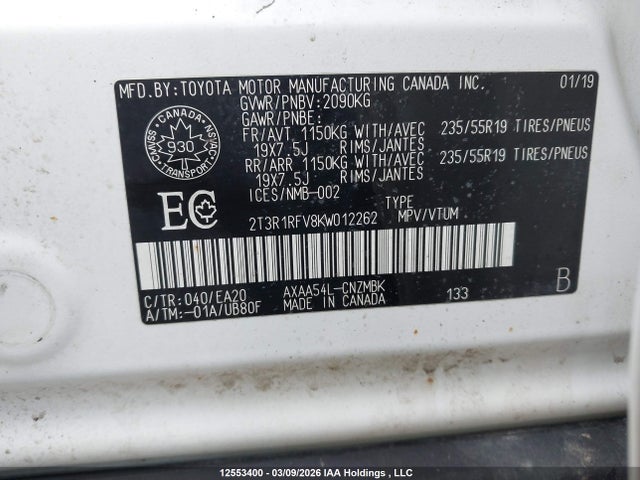 Aukcja sprzedaży 2019 Toyota Rav4, vin: 2T3R1RFV8KW012262, numer aukcji: 12553400