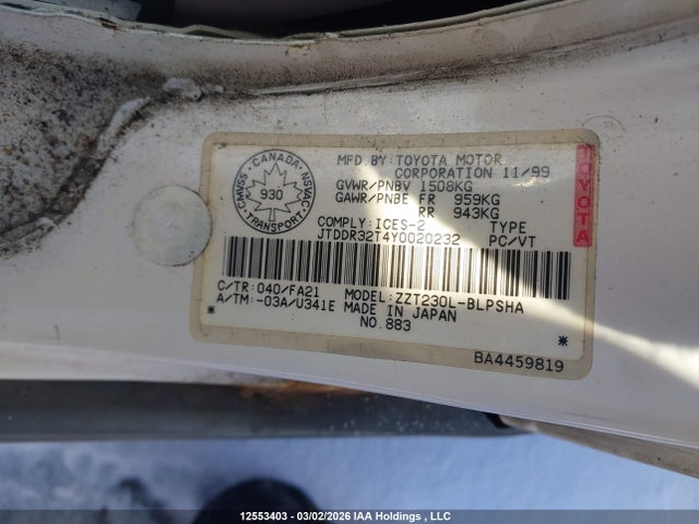12553403 :رقم المزاد ، JTDDR32T4Y0020232 vin ، 2000 Toyota Celica Gt مزاد بيع