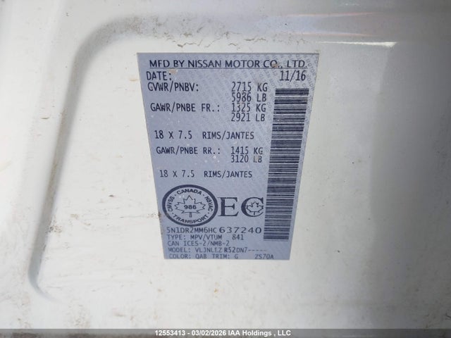5N1DR2MM6HC637240 Nissan Pathfinder S/sv/sl/platinum