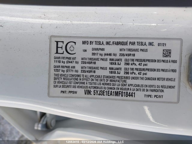 Продаж на аукціоні авто 2021 Tesla Model 3 Standard Range/standard Range Plus, vin: 5YJ3E1EA1MF018441, номер лоту: 12553415