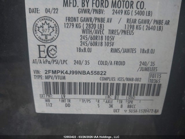 12553422 :رقم المزاد ، 2FMPK4J99NBA55822 vin ، 2022 Ford Edge Sel مزاد بيع