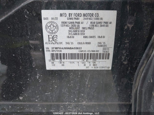 12553422 :رقم المزاد ، 2FMPK4J99NBA55822 vin ، 2022 Ford Edge Sel مزاد بيع