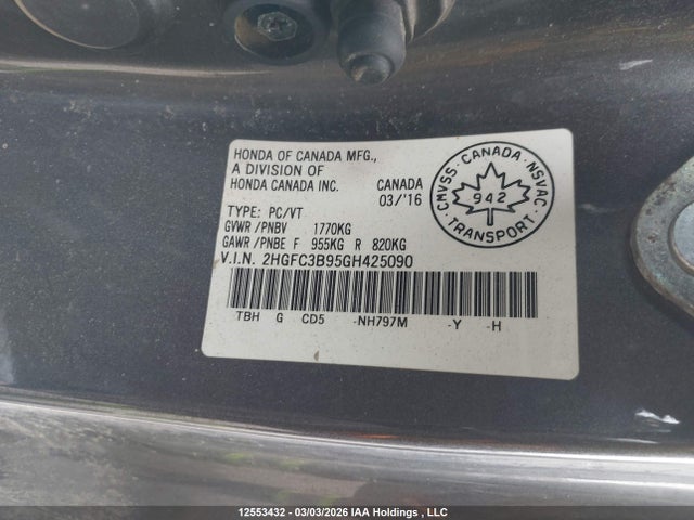 Aukcja sprzedaży 2016 Honda Civic Touring, vin: 2HGFC3B95GH425090, numer aukcji: 12553432