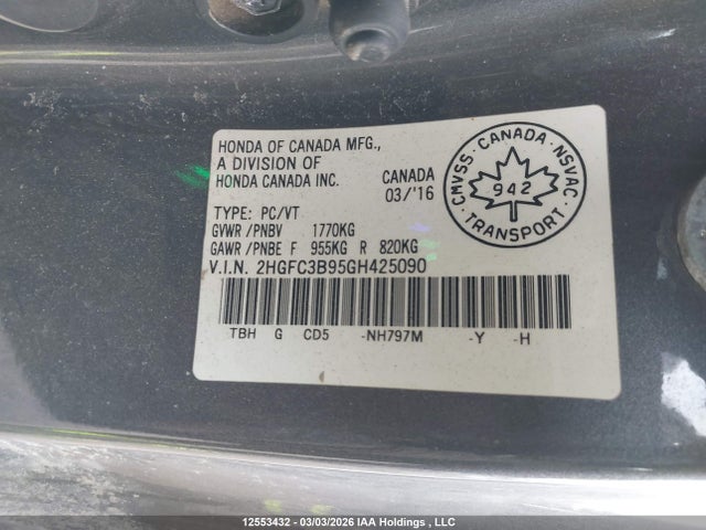 Aukcja sprzedaży 2016 Honda Civic Touring, vin: 2HGFC3B95GH425090, numer aukcji: 12553432